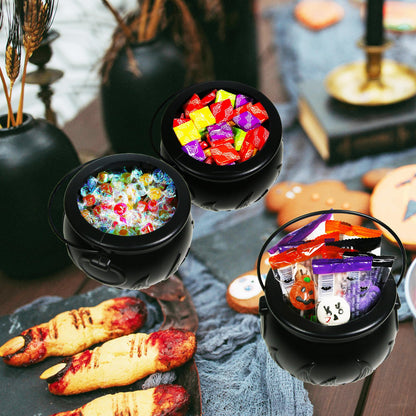 Darnassus Halloween Cauldron on Rack - Set of 3 Witches Serving Bowls, Candy Bowl, Black Plastic Decor for Party Decoration