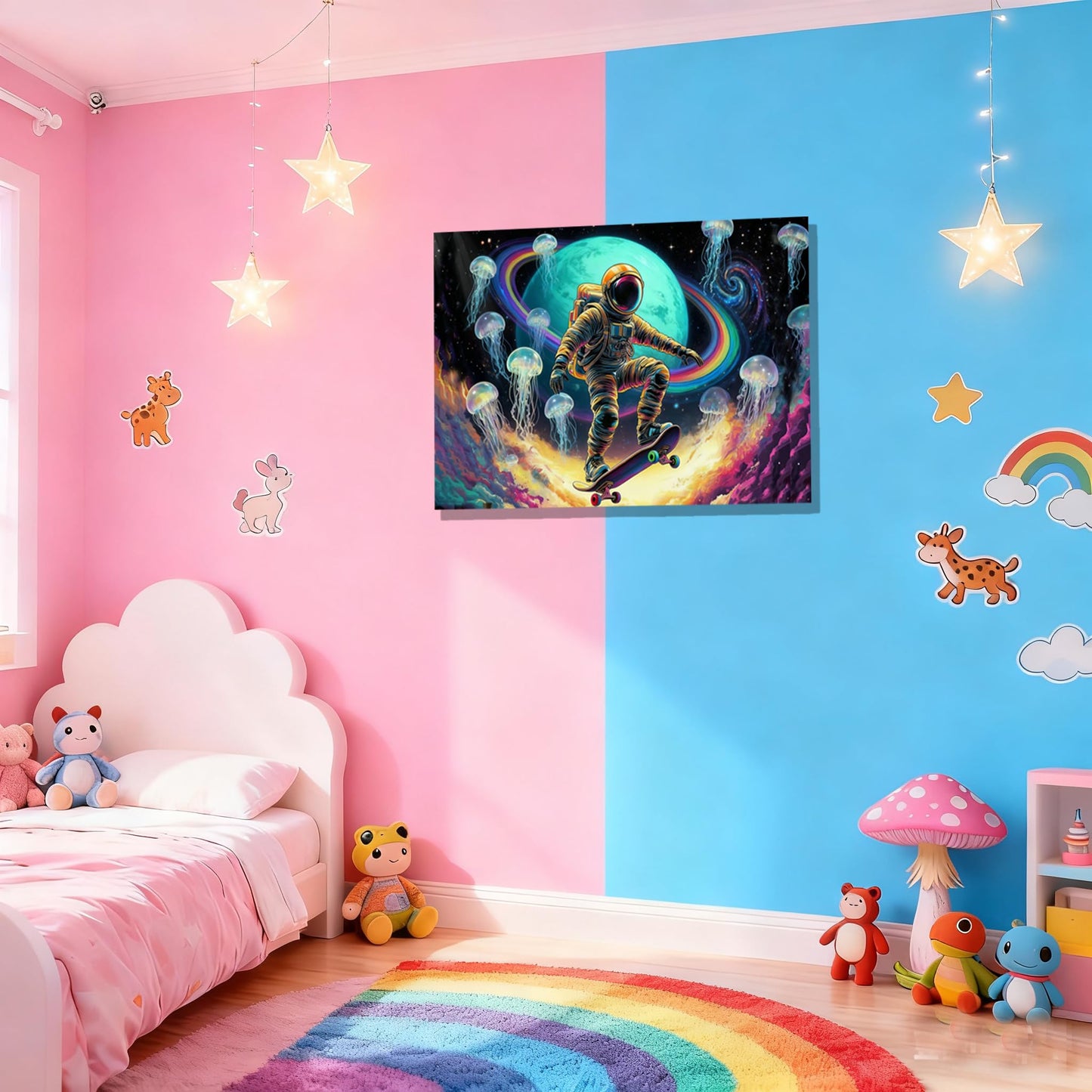 16x24 Framed Space Astronaut Skateboard Canvas Wall Art Colorful Galaxy Print with Jellyfish Rainbow Cosmic Tenn Boy Room Fantasy Decor Kids Bedroom Funny Earth Poster Child Study Room Office Picture