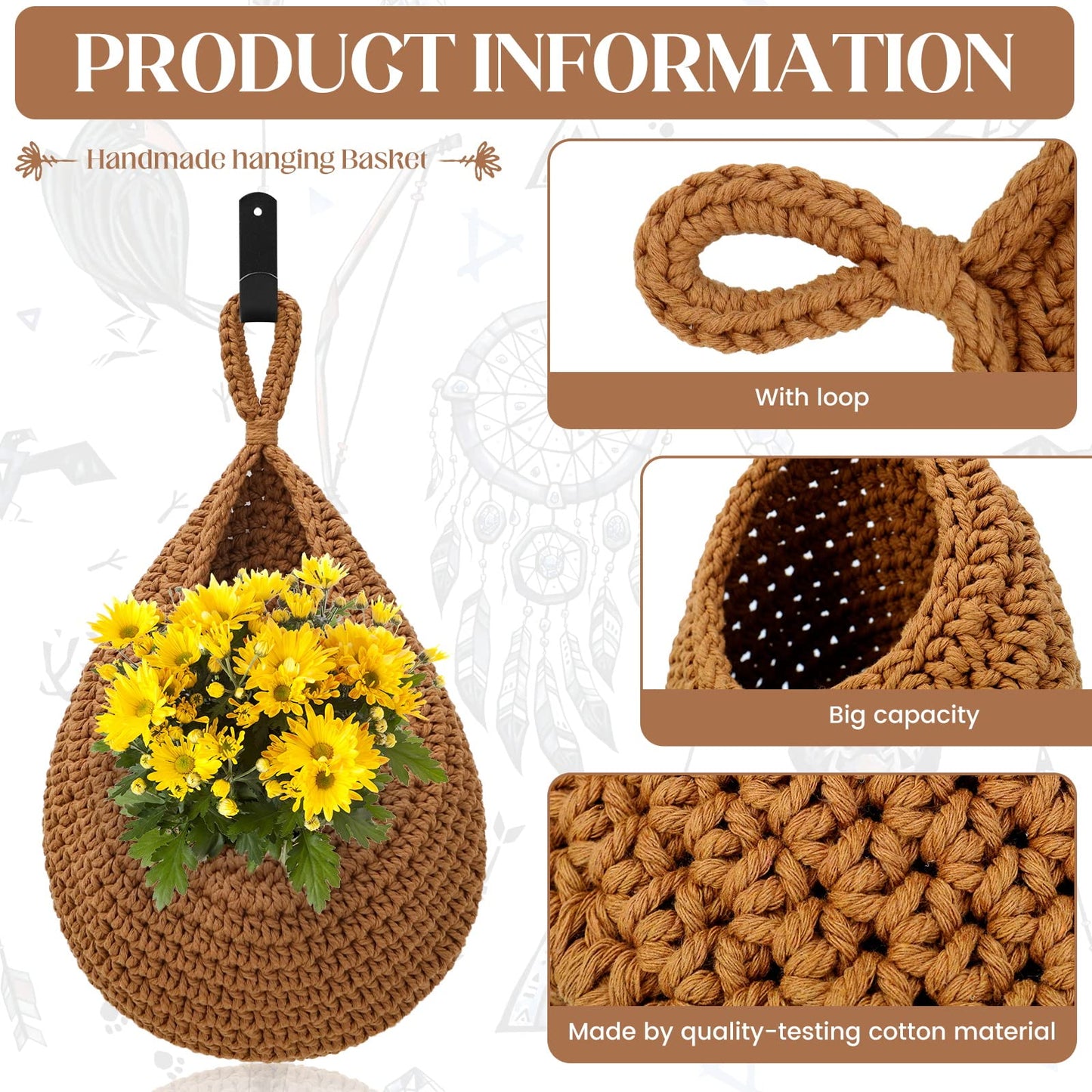Boho Decor Hanging Fruit Baskets for Kitchen - 3 Pack Wall Hanging Basket with 6 Pcs Strong Hooks, Handwoven Hanging Holder Teardrop Produce Basket for Fruits Vegetable Potato Onion Storage (Linen)