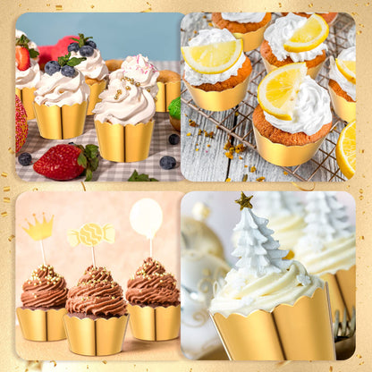 Meanplan 100 Pcs Graduation Cupcake Liners Cupcake Wrappers Foil Baking Cups Sturdy Muffin Baking Cups for Class of 2026 Wedding Birthday Grad Party Decoration, 1.97 x 1.77 Inch (Gold)
