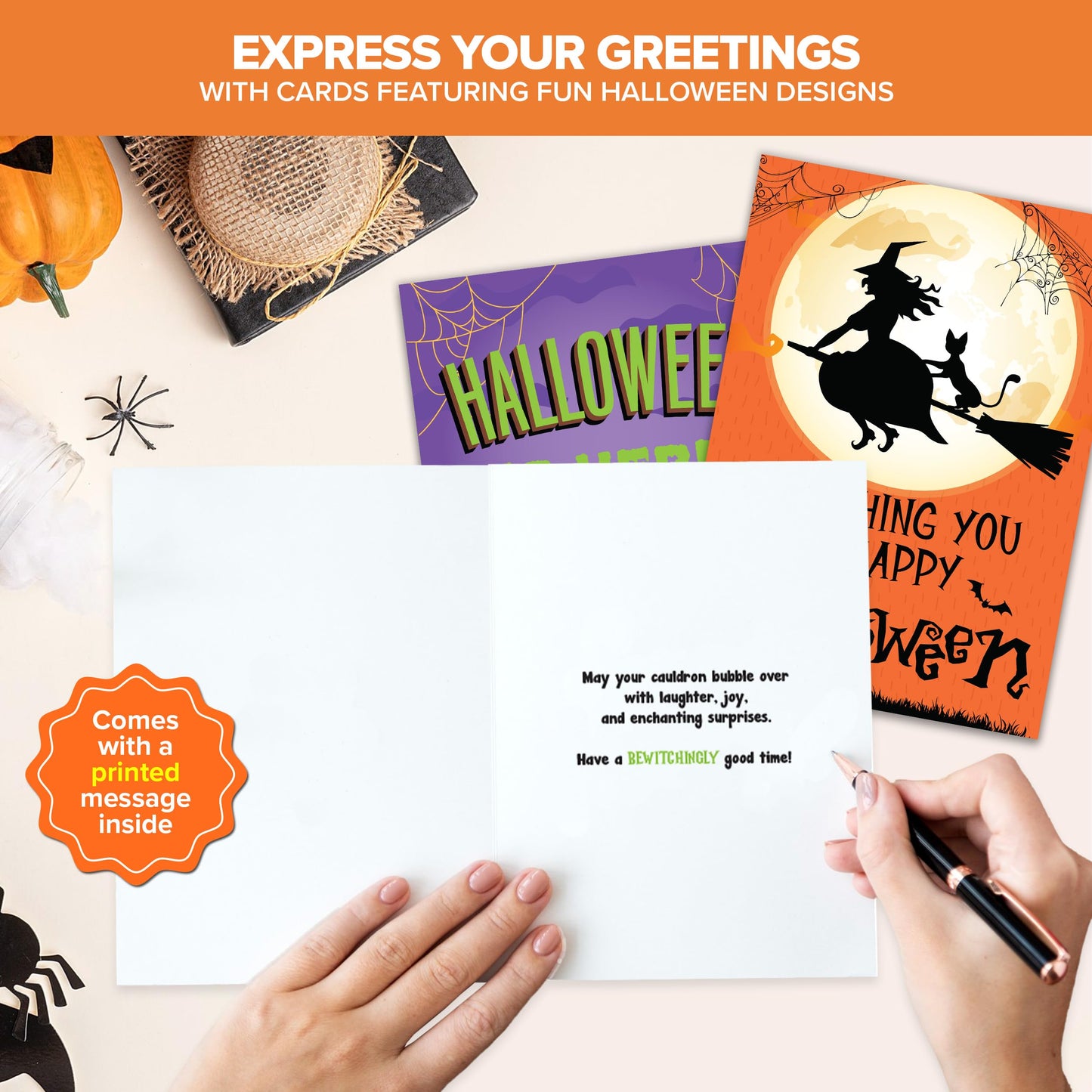 Decorably 18 Pack 5x7in Happy Halloween Cards with Envelopes and Stickers, 6 Adorable Designs Halloween Card Pack with Printed Message Inside