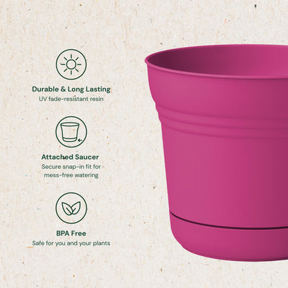 Bloem Saturn 5" Round Plastic Planter - Indoor/Outdoor, Snap-in Saucer & Drainage Holes, Fuchsia, 4-Pack