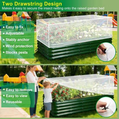 2PCS Garden Netting for Raised Beds, 4.8 X 2.2FT Garden Raised Bed Cover with Drawstring, Plant Netting for Garden Protection, Insect Bird Pest Barrier for Vegetables Fruits Flowers Crops