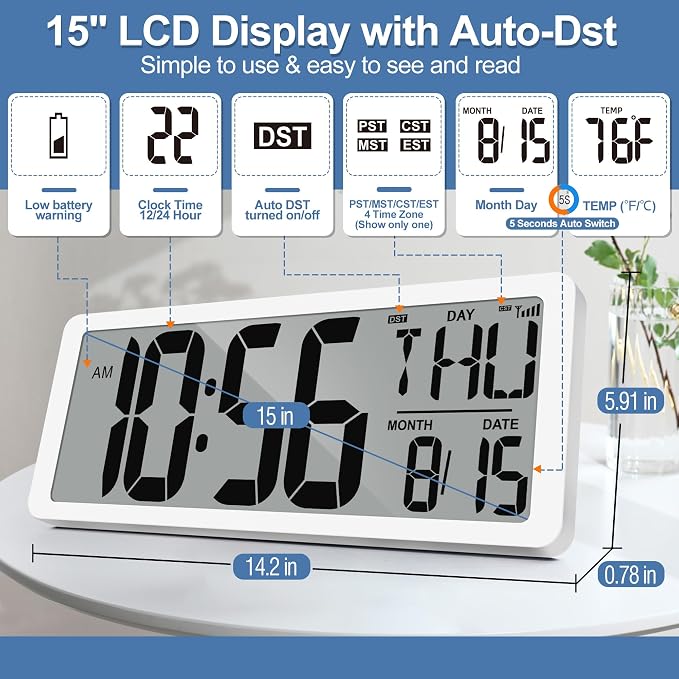 Atomic Clock 14.9" Digital Wall Clock Battery Operated Atomic Wall Clock Large Digital Alarm Clock with Day Date & Temperature for Wall Bedroom Living Room Classroom Home Office
