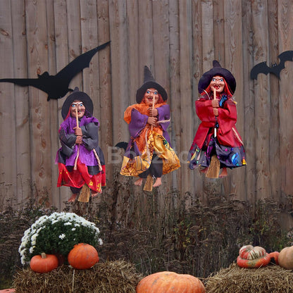 Bonzitoy Halloween Witch Ornaments 3 PCS, 8" Flying Witch Figures on Broomsticks, Haunted House Hanging Props