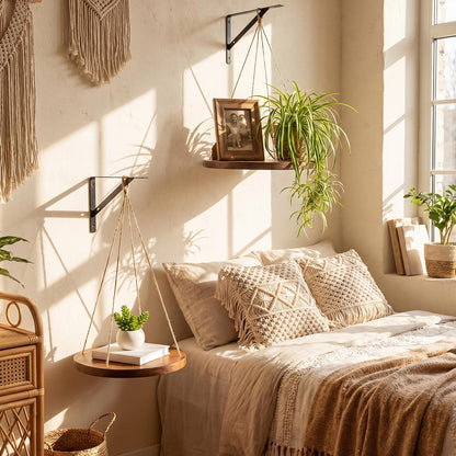 Xuhal 2 Set Hanging Plant Shelf Macrame Plant Hanger Indoor Natural Solid Wood Hangers Shelf with Rope Hanging Floating Shelves Display Planter Rack Decorative Flower Pot Holder Tray Boho Home Decor