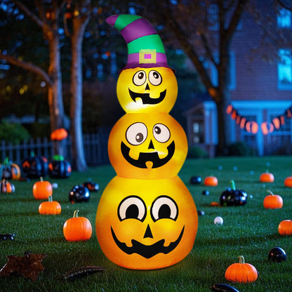 Prsildan Halloween Inflatables Stacked Pumpkins with Witch Hat, 5 Ft Blow up Outdoor Decoration with Build-in LED Lights for Garden Yard Lawn Holiday Party