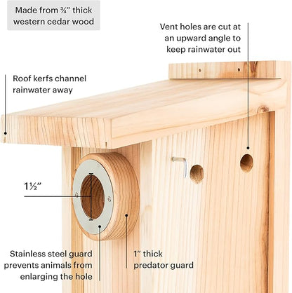 WHITEHORSE Bluebird House - Weatherproof Bird House for Outdoors - Cedar Birdhouse Built to NABS Specs - Nest Box for Bluebirds, Chickadees, Titmice, Wrens, Nuthatches & More (15” Floor)