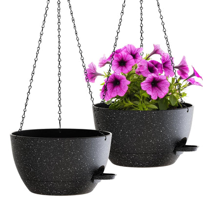 WOUSIWER Self Watering Hanging Planters, 2 Pack 12'' Plastic Pots with Drainage Holes & Reservoir Tray (Speckled Black) | Indoor & Outdoor Use for Ferns, Ivy, Herbs, Succulents