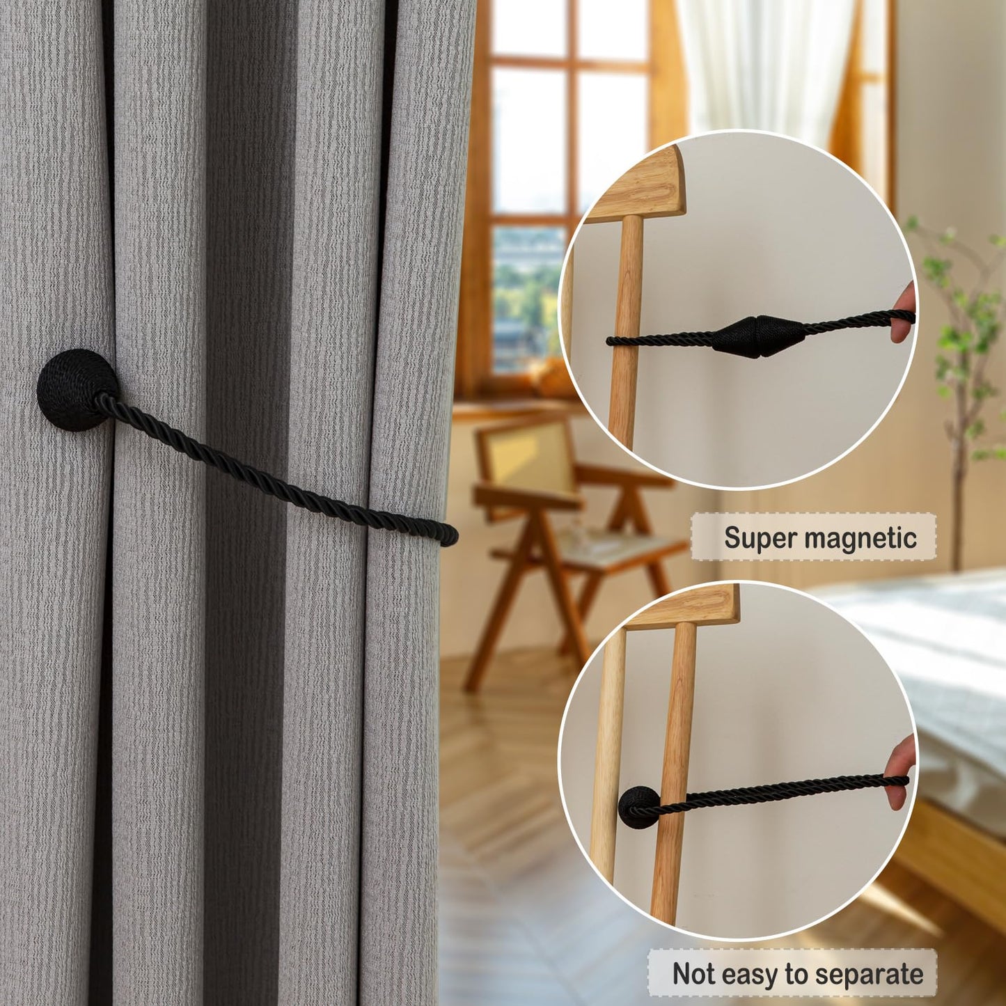 Contoeey Magnetic Curtain Tiebacks 8 Pack Outdoor Rope Curtain Tie Backs Decorative Window Treatment Holdbacks for Home Decorative Curtain, Black