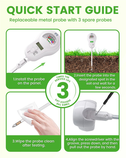 Vlantro 6-in-1 Soil Moisture Meter with 3 Probes, PH/Sunlight/Soil Moisture/Fertility with 3 Removable Probe, Digital Air Temp/Humidity, Soil Tester for Garden, Lawn, Indoor and Outdoor Plants