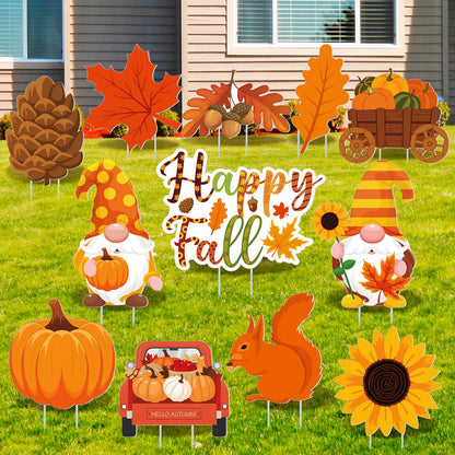 Threehoney 12 Pcs Fall Yard Signs with Stakes Outdoor Thanksgiving Yard Sign Autumn Harvest Pumpkin Lawn Decorations Gnome Maple Leaf Waterproof Decor for Home Garden Party Supplies(Fall)