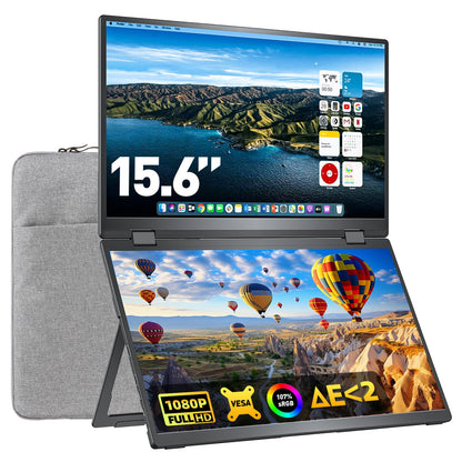 Upperizon Portable Monitor Foldable Dual Screen 15.6 inch FHD 107% sRGB IPS HDMI USB-C Travel Monitor for Laptop Mac PC Windows, DisplayLink Stacked Screen Extender with Kickstand, VESA Compatible