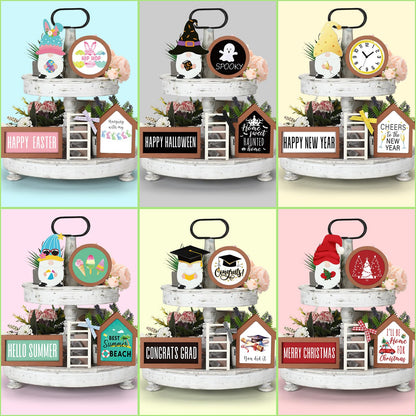 Lineshading 65 Pcs Interchangeable Seasonal Tiered Tray Decor Set Patriotic Farmhouse Summer Tiered Decorations Holiday Rustic Wooden Frames Arch Ladders Cards Bow Knot for Home Kitchen Table Decor