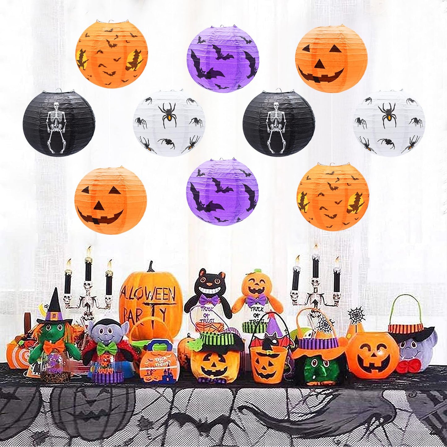 10-Pack Halloween Paper Lanterns Set – 10" Hanging Pumpkin Skeleton Bat Spider Witch Lanterns for Indoor Outdoor Halloween Party, Porch, Classroom Decorations