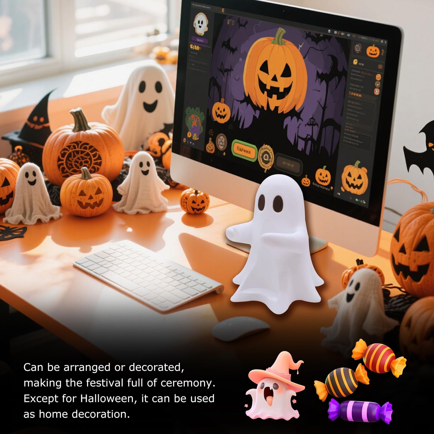 Bokynu Ghost Figurine Holding Coke Table Decor, Replaceable Can Holder Halloween Cute Desktop Ghost Statue Decoration, Fun and Practical
