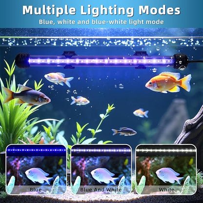 LED Submersible Aquarium Light 10W Underwater Fish Tank Light with Blue White&Blue and White Three Light Modes Timer Automatic On/Off and Dimmer Brightness Adjustable (19inch)