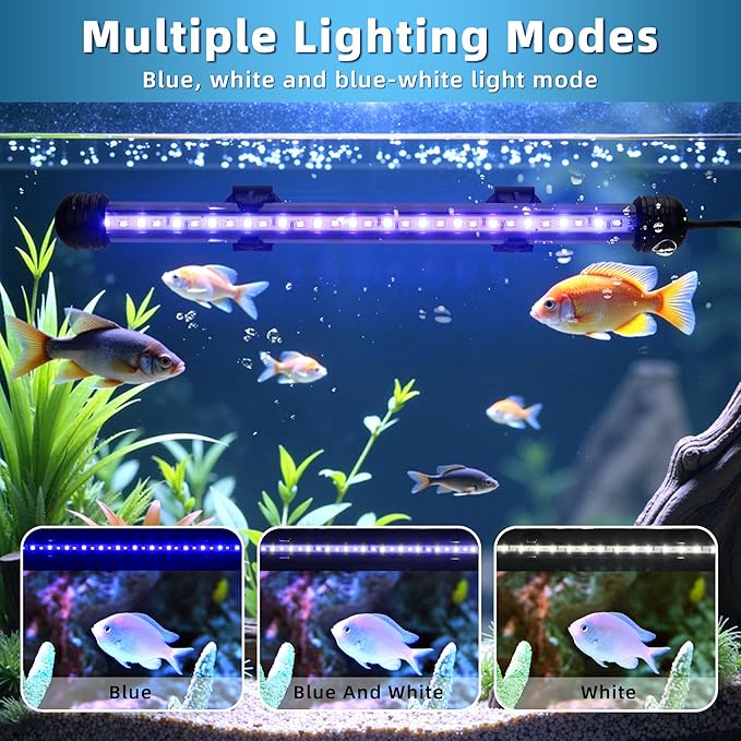 LED Submersible Aquarium Light 6W Underwater Fish Tank Light with Blue White&Blue and White Three Light Modes Timer Automatic On/Off and Dimmer Brightness Adjustable (11inch)