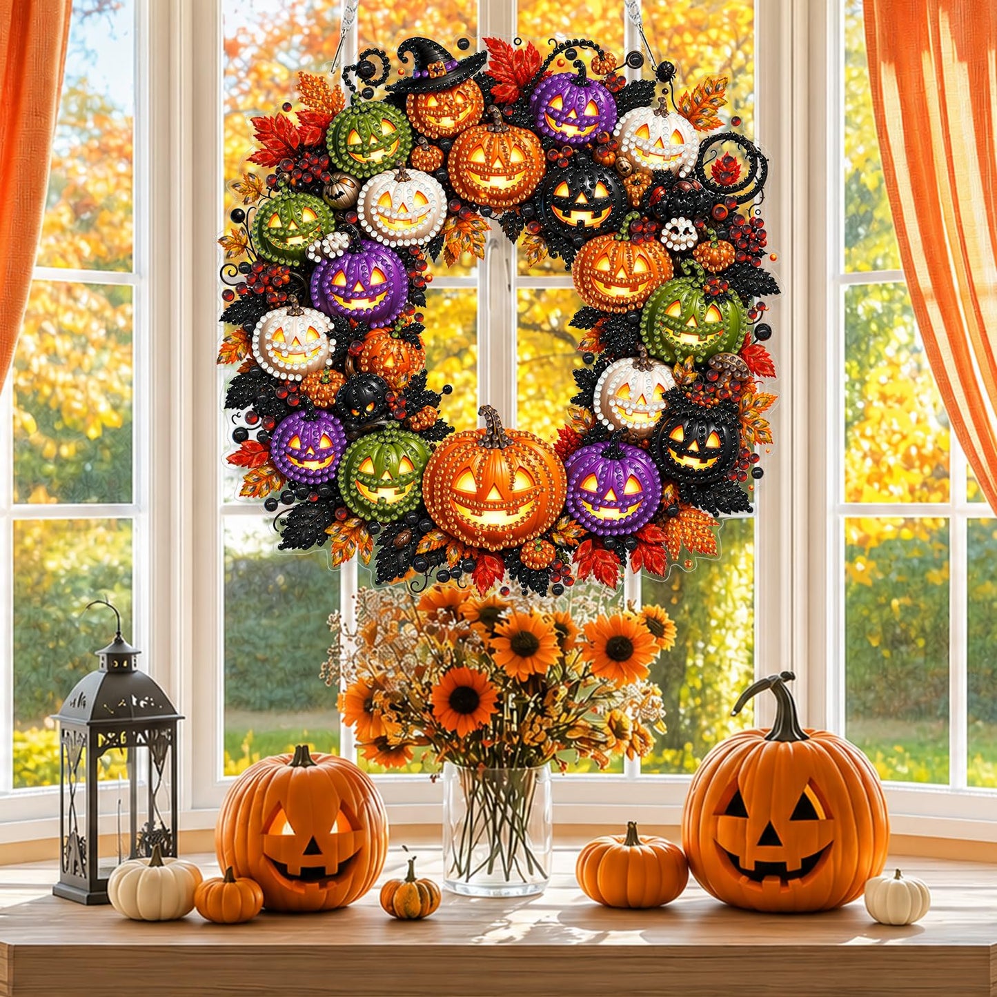Yunzlly DIY Hanging Halloween Diamond Art Pendant Kit, Special Crystal Pumpkin Diamonds Painting Ornament Kit for Adults Acrylic Board Gem Painting Kit (Pumpkin Wreath)