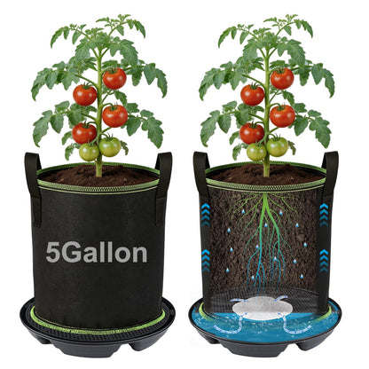 MADHOLLY Self Watering Pots for Indoor Plants with Grow Bags - 2 Pack 5 Gallon Thick Fabric Auto Irrigation Planter with Portable Handles, Water Storage Saucer, for Outdoor Vegetables, Herbs, Flower