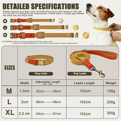Dog Collar and Leash Set with Metal Quick Release Buckle, Adjustable, Breathable Nylon, Durable, Soft and Comfortable, No Pull for Walking and Training, Khaki, M (12.6"-19.6")