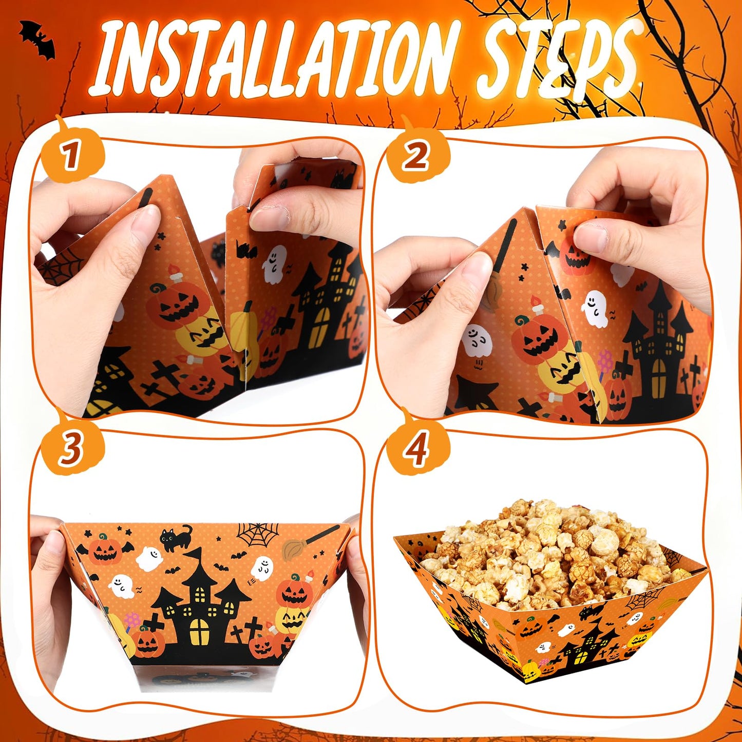 Marspark 24 Pcs Halloween Popcorn Boxes Trick or Treat Snack Bowls Popcorn Tray Containers for Movie Night Halloween Party Pumpkin Bat Ghost Party Supplies