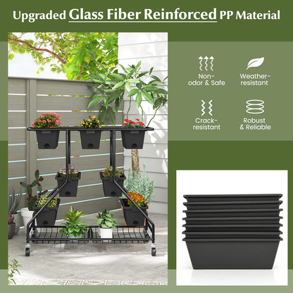 Giantex Rolling Raised Garden Bed w/ 7 Planter Boxes, Storage Baskets, Drainage Holes, 4 Lockable Casters, 3-Tier Freestanding Elevated Planter for Strawberry Vegetable Flower Herb