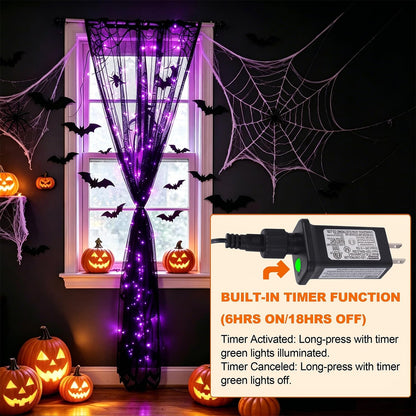 Watereem Lighted Halloween Decorations, 40 x 84 Inch 146 LED Purple Curtain Lights with Black Lace Witch Pattern, Scary Skeleton Window Door Drapes for Home Front Door Window Office Party Supplies