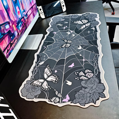 BelugaDesign Butterfly Desk Pad | Rose Spider Web Kawaii Cute Keyboard Gaming PC Laptop Mat | Large Spooky Halloween Witch Gothic Mousepad | Rubber Non-Slip Machine Washable Desk Blotter Protector
