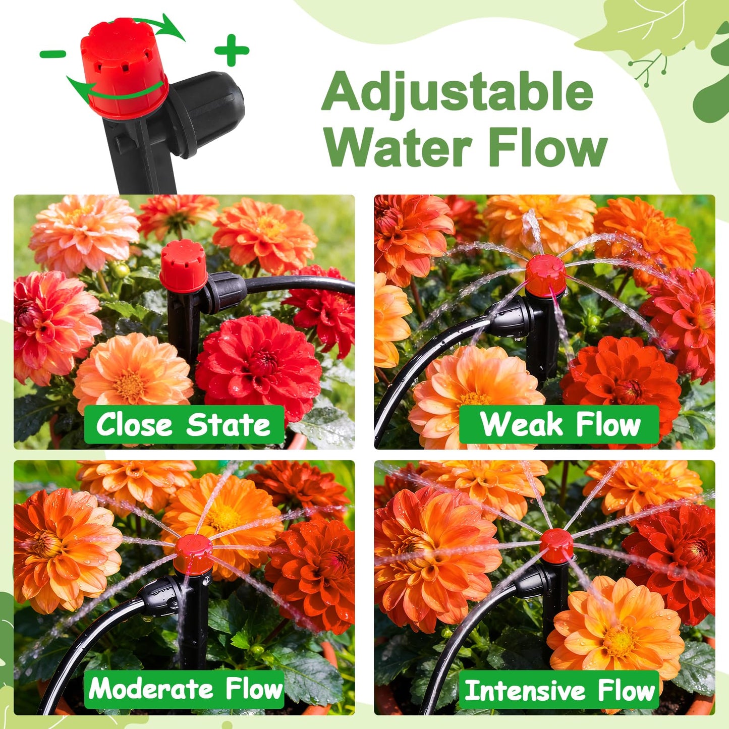 WZFLRUA 55 Pieces Drip Irrigation Emitters for 1/4" Tubing, Adjustable 360 Degree Water Flow Irrigation Multi Stream Spray Emitter On 5" Stake for Garden Watering System