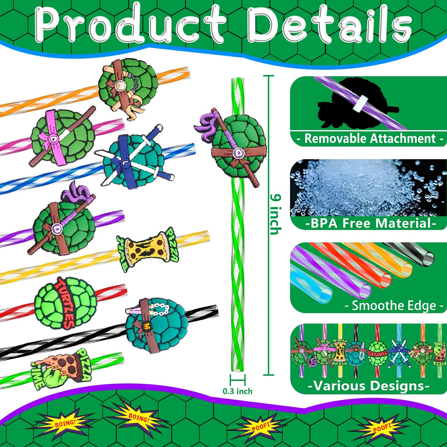24 Green Turtles Birthday Party Decorations - Reusable Fun Plastic Straws for Kids Boys Girls Cartoon Pizza Turtle Party Favors - Cute Drinking Straws for Teenage Party Supplies Decor + 2 Brushes