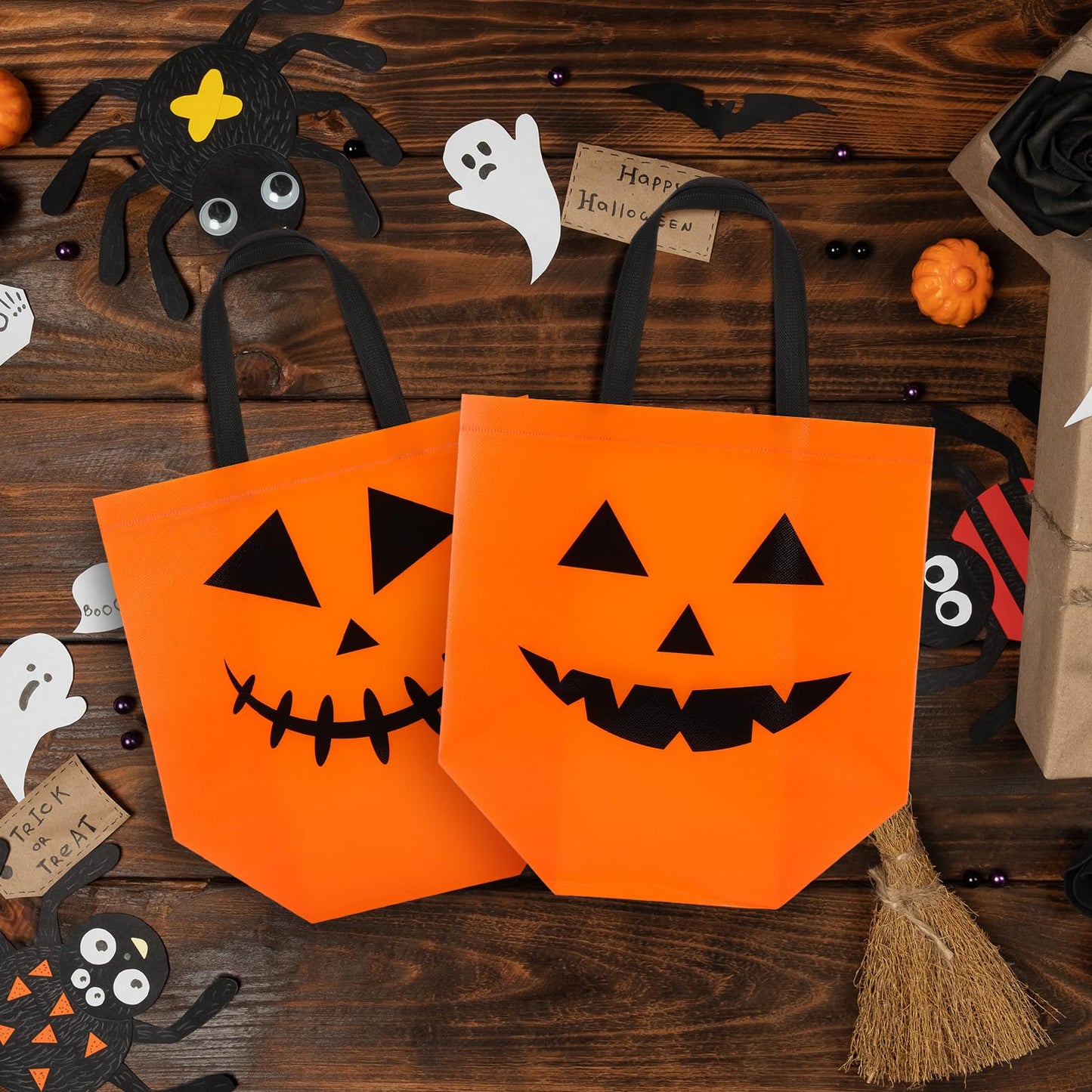 Lincia 48 Pcs Halloween Non Woven Pumpkin Bag 12.6 x 9.8 Inch Reusable Trick or Treat Gift Candy Goodie Handles Bag for Halloween Birthday Party Favors Classroom