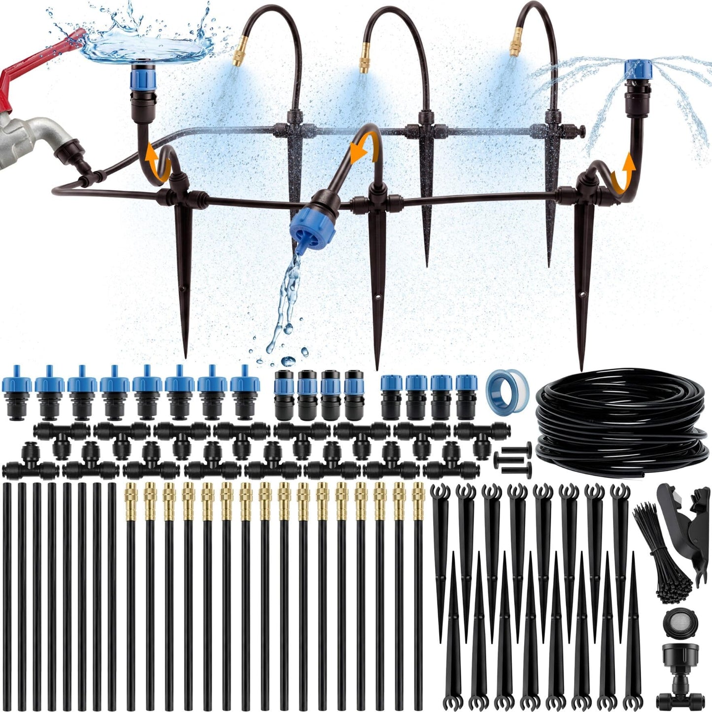 CARPATHEN 50FT 1/4" Drip Irrigation System - Complete Garden Irrigation Kit with 16pcs 360° Adjustable Atomizing Copper Nozzles - Watering Spray System for Raised Beds, Potted Plants, Greenhouse