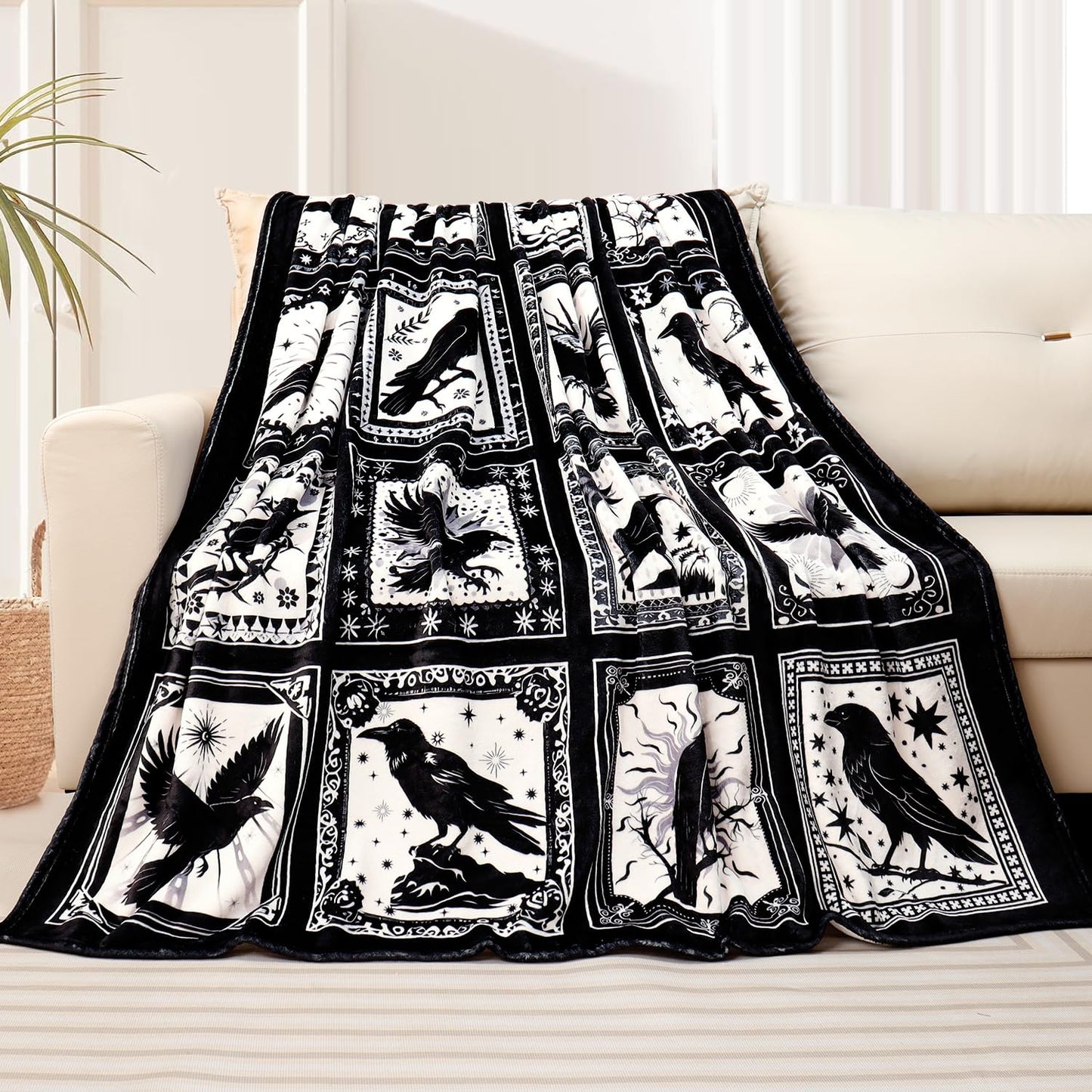 Bird Blanket Halloween Black Gothic Throw Blanket Ultra Soft Retro Hummingbird Blankets Raven Crow Throw Bird Lover Gift Bed Cover Cozy Flannel Fuzzy Plush Couch Cover for Sofa 50" X 60"