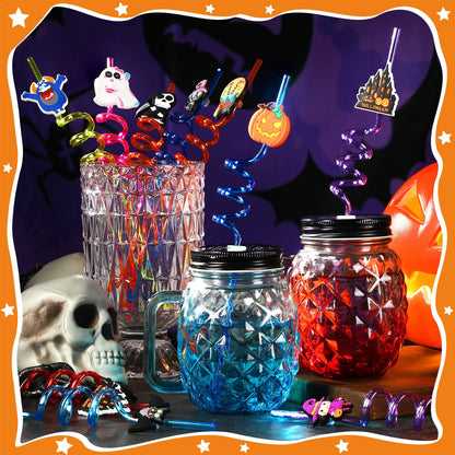 JANYUN Halloween Straws, 20 Pcs Reusable Plastic Crazy Straws Halloween Party Favors Cute Bats Pumpkin Cat Ghost Drinking Straws Halloween Party Supplies（10 Styles）