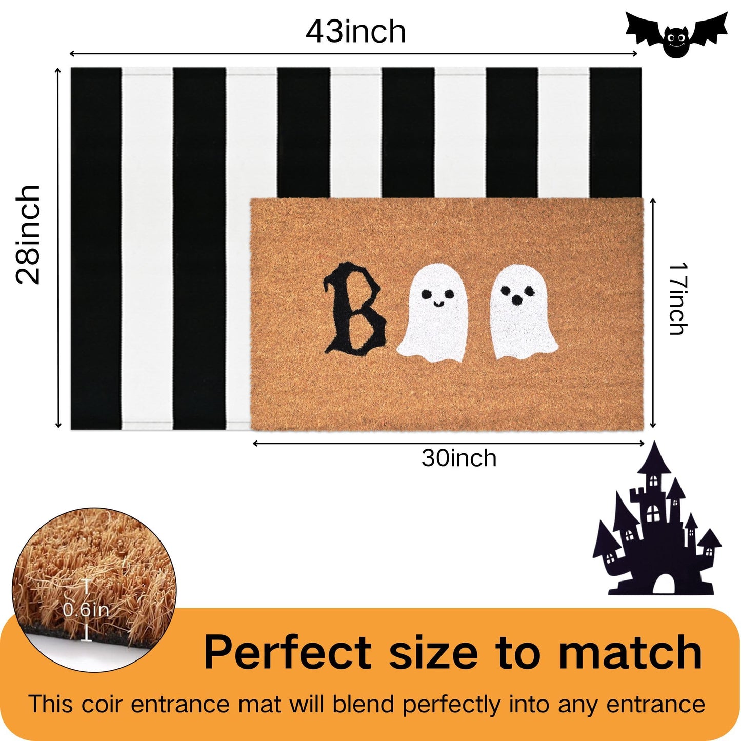 Halloween Door Mat Combo Set, Boo Ghost Coco Coir Welcome Doormat + 28" x 43" Black and White Plaid Rug, Autumn Halloween Front Porch Entryway Decor Floor Mat