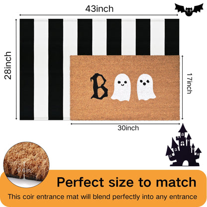 Halloween Door Mat Combo Set, Boo Ghost Coco Coir Welcome Doormat + 28" x 43" Black and White Plaid Rug, Autumn Halloween Front Porch Entryway Decor Floor Mat