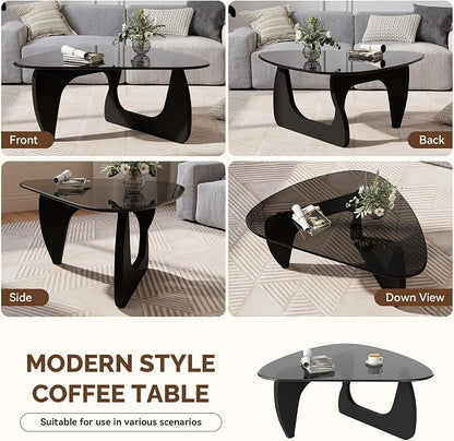 Modern Glass Coffee Table, Triangle Center Table with Tempered Glass Top& Unique Wooden Base, 31.5” Mid Century Tea Tables for Living Room, Apartment, Office,Black & Grey