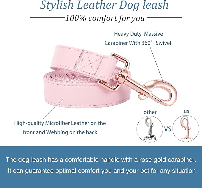 Dog Collar and Leash Set.Soft and Easy to Clean Vegan Leather with Rose Gold Metal Buckle for Small Medium Large Dogs (Pink, M(13.8"-19.7"))
