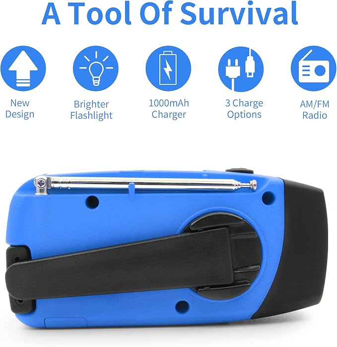 Emergency Hand Crank Radio with LED Flashlight for Emergency, AM/FM Portable Weather Radio with 2000mAh Power Bank Phone Charger, USB Charged & Solar Power for Camping, Emergency(Blue)