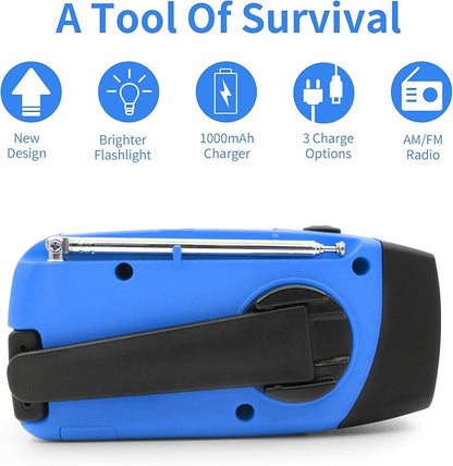 Emergency Hand Crank Radio with LED Flashlight for Emergency, AM/FM Portable Weather Radio with 2000mAh Power Bank Phone Charger, USB Charged & Solar Power for Camping, Emergency(Blue)