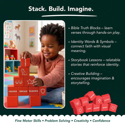 Bible Building Blocks for Kids – Christian Wooden Toy with Bible Verses & Positive Identity Words, Faith-Based Learning Set with Storybook & Storage Bag (Ages 3+) – Christian Gifts - KultureGames