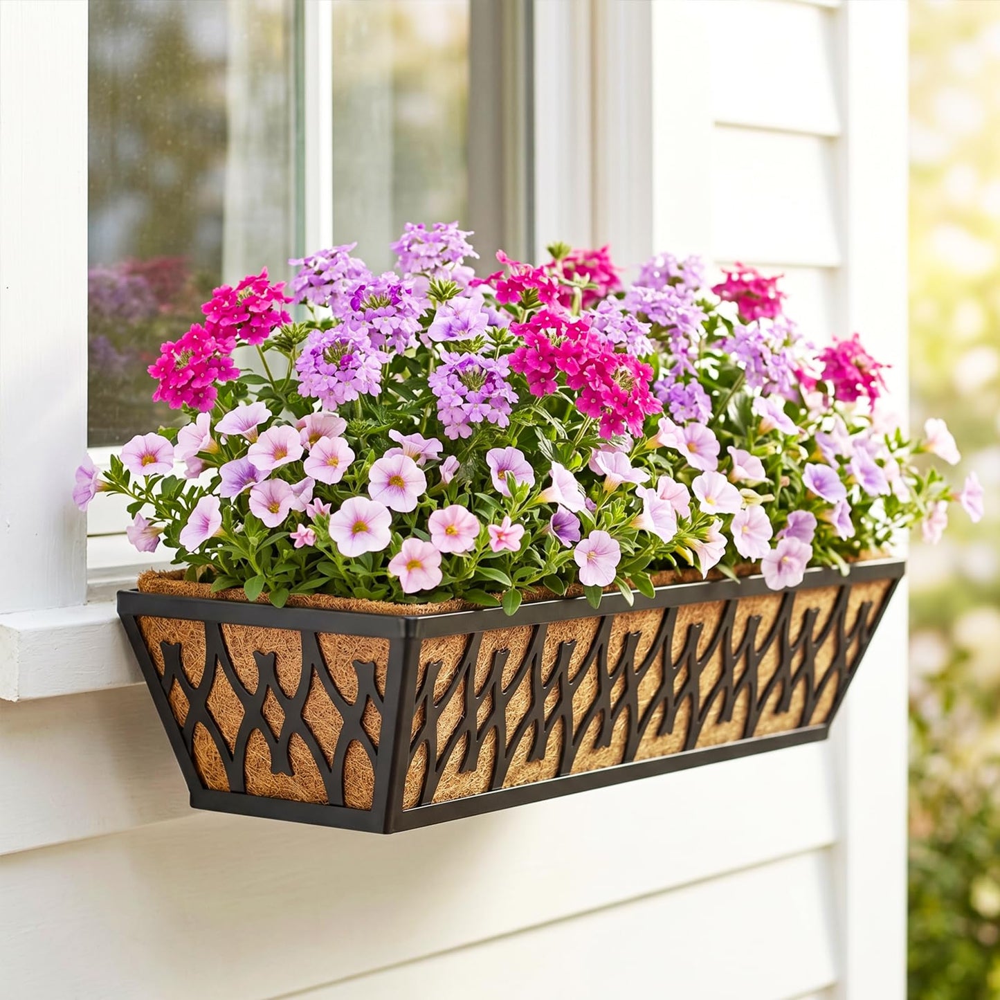 Karlliu 2 Pack 24 Inch Window Boxes Planters Railing Planter Box with Adjustable Brackets for Porch Fence Patio Balcony Hanging Flower Baskets with Coco Liners for Outdoor Garden Décor - Black