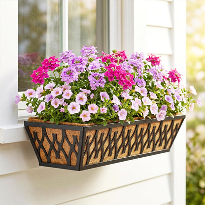 Karlliu 2 Pack 24 Inch Window Boxes Planters Railing Planter Box with Adjustable Brackets for Porch Fence Patio Balcony Hanging Flower Baskets with Coco Liners for Outdoor Garden Décor - Black