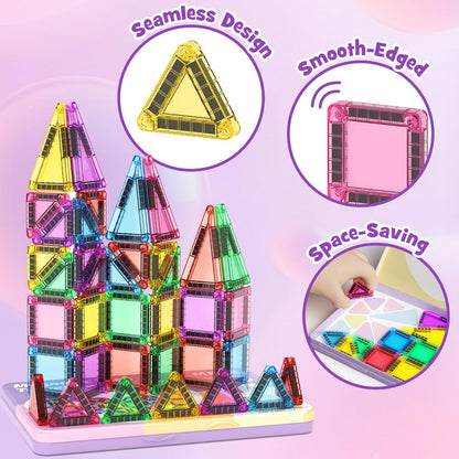 MEIQ 42-Piece Mini Magnetic Tiles Travel Set with Metal Storage Box - Portable STEM Building Blocks for Kids Ages 3-8, Montessori Educational Toys for Airplane & Car Rides, Gift for Boys & Girls