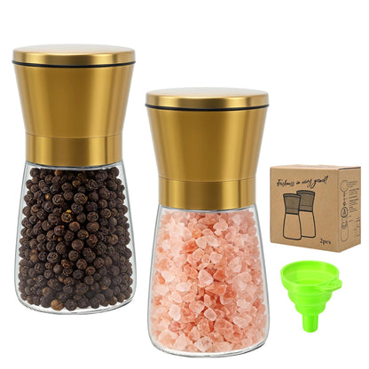 R DRURLCD Short Manual Gold Salt and Pepper Grinder Set of 2 with Funnel, Adjustable Coarseness Shiny Gold Cap Sea Salt Pepper Mill Refillable with Magnetic Lid, Kitchen Decoration Gift