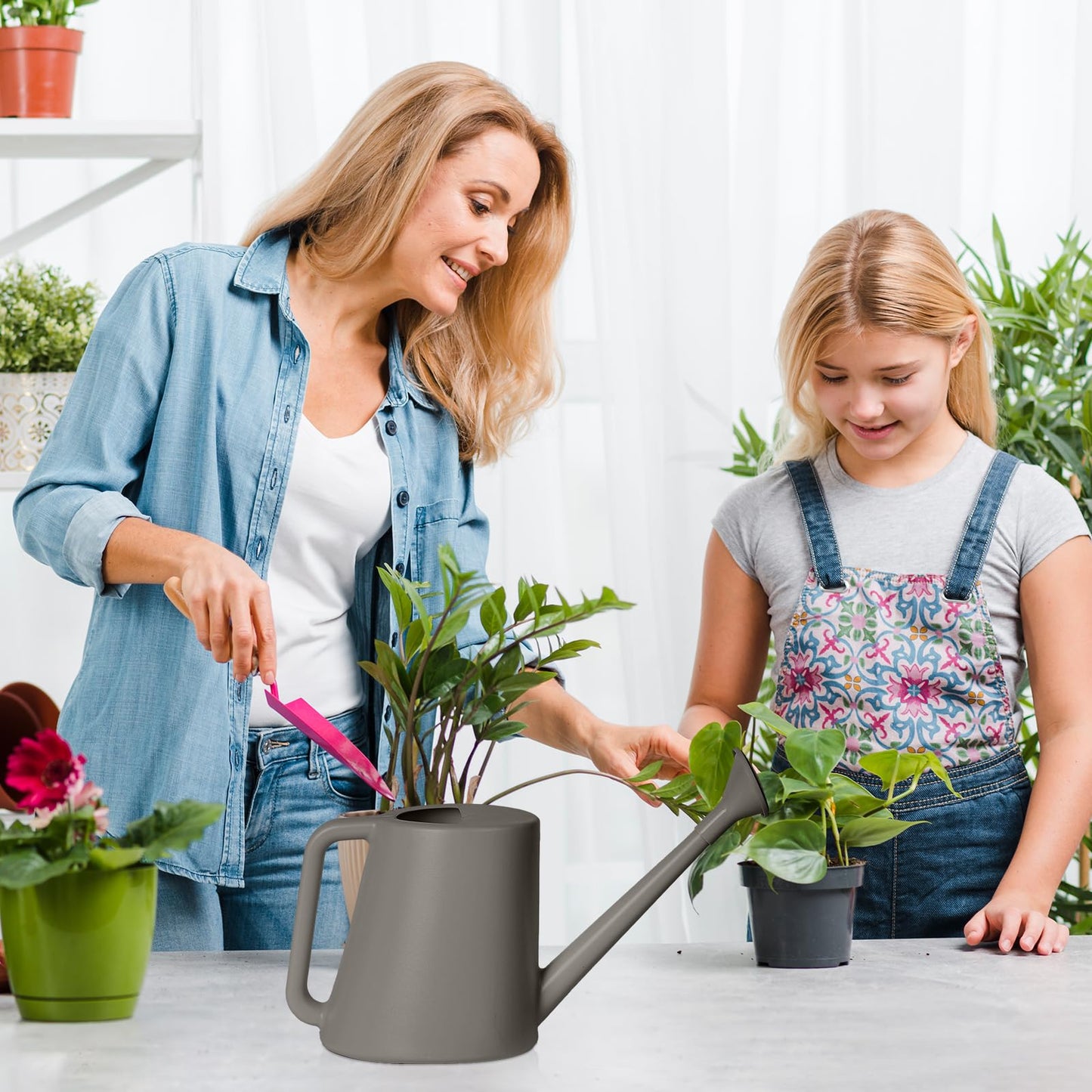 ZXJ Grip Plant Watering Can - for Indoor and Outdoor Home Garden Plants - with Long Spout - Grey - 1/2 Gallon