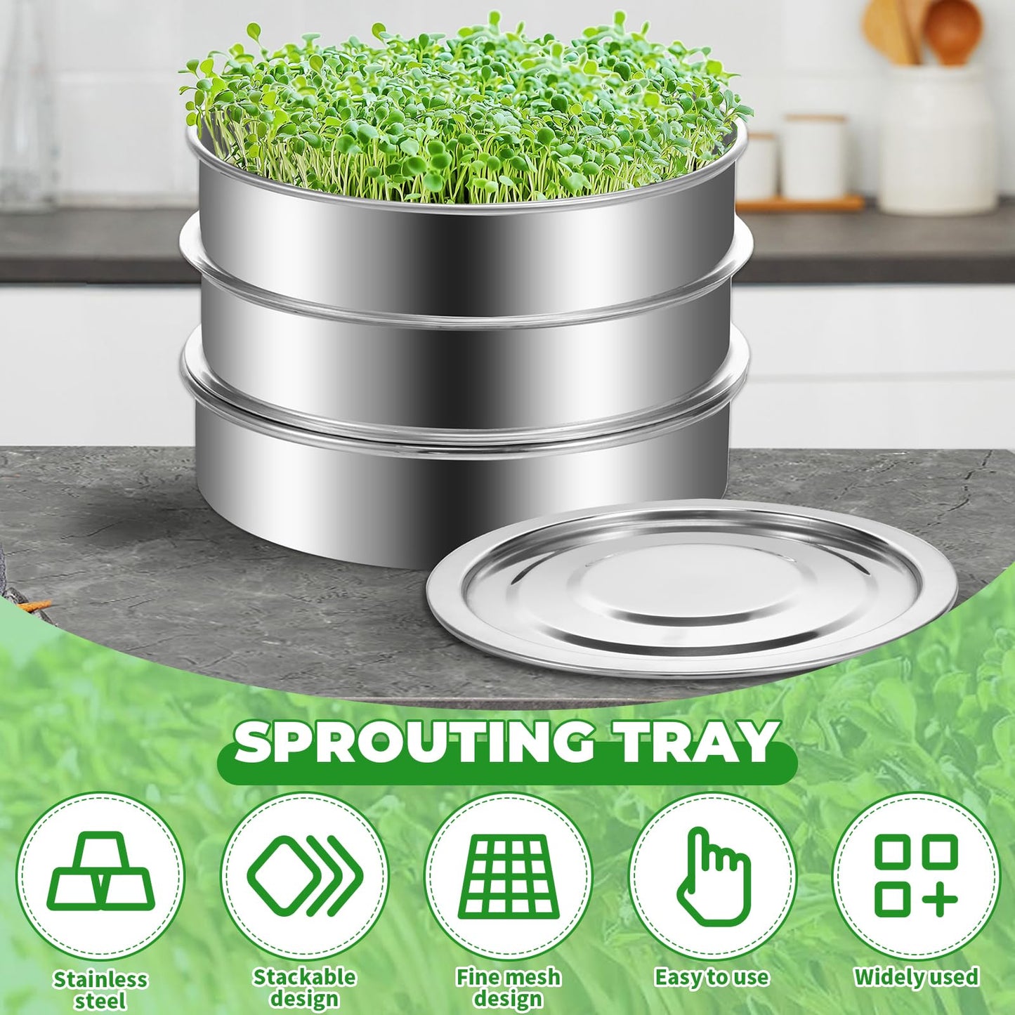 Zuxmvot Sprouts Growing Kit Stainless Steel, Stackable Seed Sprouting Tray, Stainless Steel Seed Sprouting Kit, Seed Sprouter Kit for Beans Peas Broccoli Alfalfa Seeds Wheat Grass (8 in)