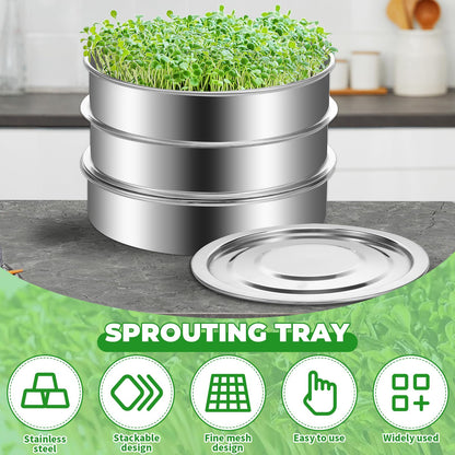 Zuxmvot Sprouts Growing Kit Stainless Steel, Stackable Seed Sprouting Tray, Stainless Steel Seed Sprouting Kit, Seed Sprouter Kit for Beans Peas Broccoli Alfalfa Seeds Wheat Grass (8 in)