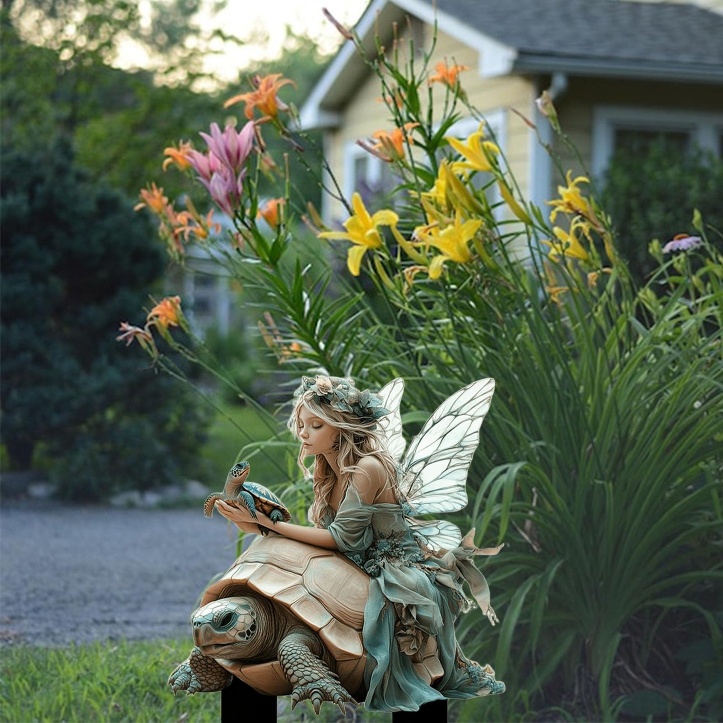 ANNUOZE Fairy Garden Stake Decor, 2D Flat Acrylic Fairy Garden Decor Panel, Elf Yard Sign for Outdoor Indoor Yard Lawn Plants Pots, Fairy Garden Accessories (Fairy and Turtle)